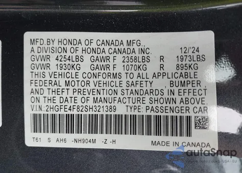 2025 Honda Civic Sport/Sport Touring z USA, uszkodzony, nr VIN 2HGFE4F82SH321389